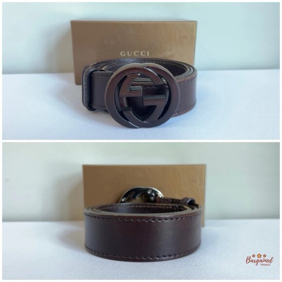 Authentic Gucci Dark Brown Leather Bamboo Interlocking G Buckle Belt 95/38 - Picture 3 of 13